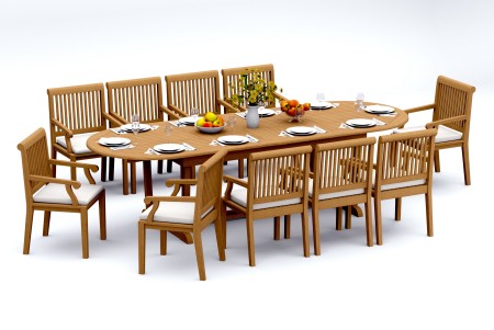 11 PC Dining Set - 117" Double Extension Masc Oval Table & 10 Sack Arm Chairs