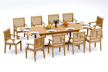 11 PC Dining Set - 117" Double Extension Masc Rectangle Table & 10 Sack Arm Chairs