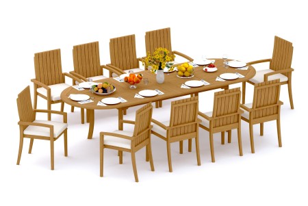 11 PC Dining Set - 117" Double Extension Oval Table & 10 Goa Stacking Arm Chairs