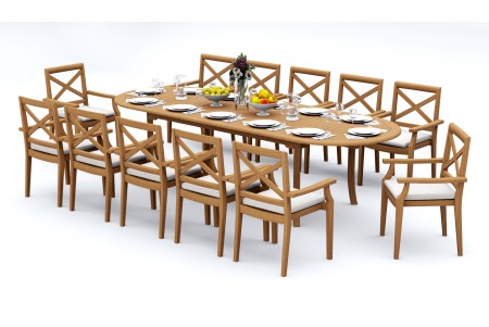 13 PC Dining Set - 117" Double Extension Oval Table & 12 Granada Stacking Arm Chairs