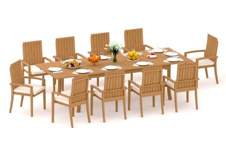 11 PC Dining Set - 117" Double Extension Rectangle Table & 10 Goa Stacking Arm Chairs