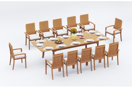 13 PC Dining Set - 117" Double Extension Rectangle Table & 12 Goa Stacking Arm Chairs