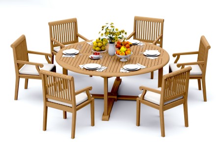 7 PC Dining Set - 72" Round Table & 6 Sack Arm Chairs 