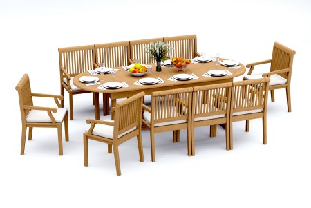 11 PC Dining Set - 94" Double Extension Masc Oval Table & 10 Sack Arm Chairs