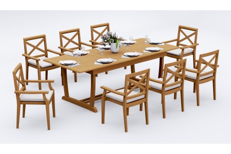 9 PC Dining Set - 94" Double Extension Masc Rectangle Table & 8 Granada Stacking Arm Chairs