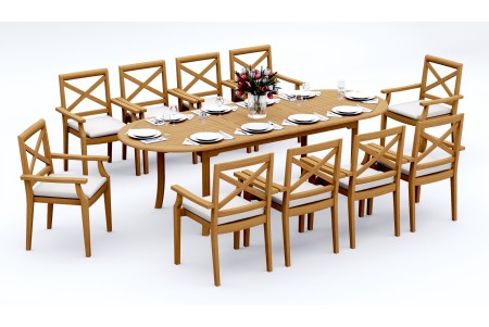 11 PC Dining Set - 94" Double Extension Oval Table & 10 Granada Stacking Arm Chairs