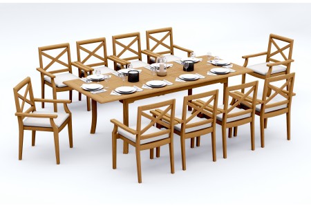 11 PC Dining Set - 94" Double Extension Rectangle Table & 10 Granada Stacking Arm Chairs