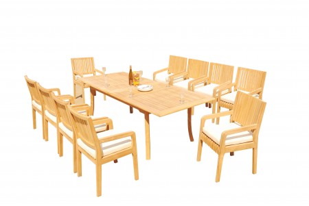 11 PC Dining Set - 94" Double Extension Rectangle Table & 10 Maldives Arm Chairs