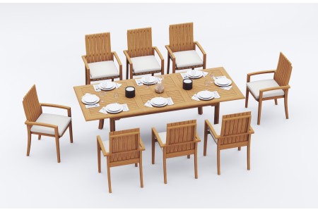 9 PC Dining Set - 94" Double Extension Rectangle Table & 8 Goa Stacking Arm Chairs